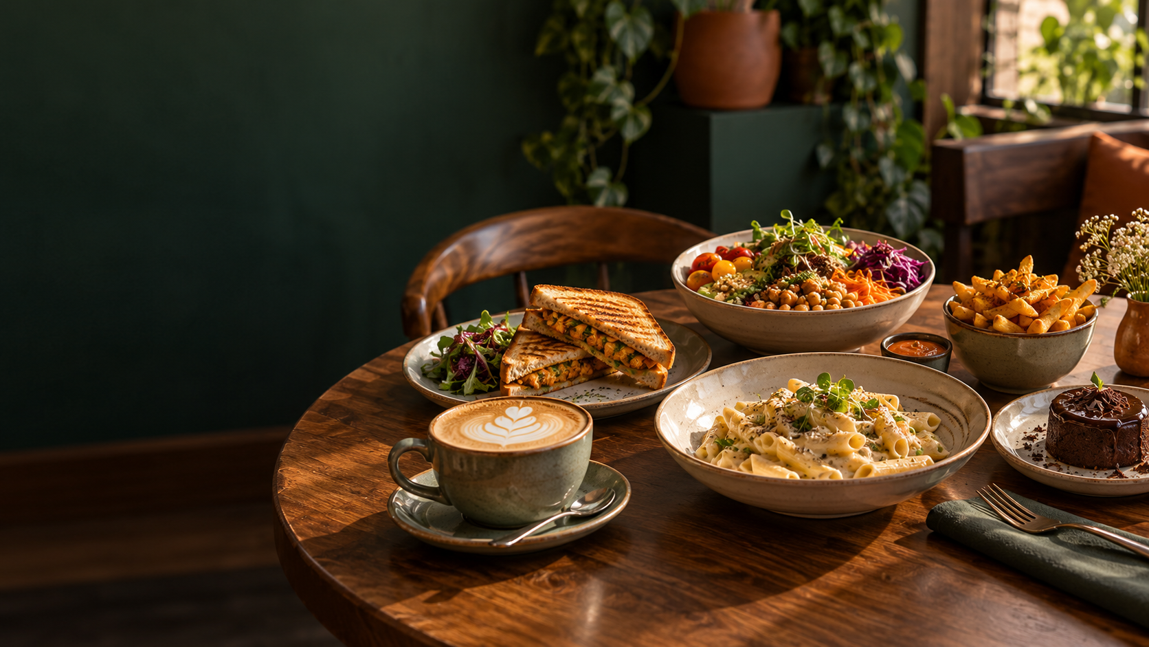 UrbanBite café table with coffee, sandwiches, pasta and dessert
